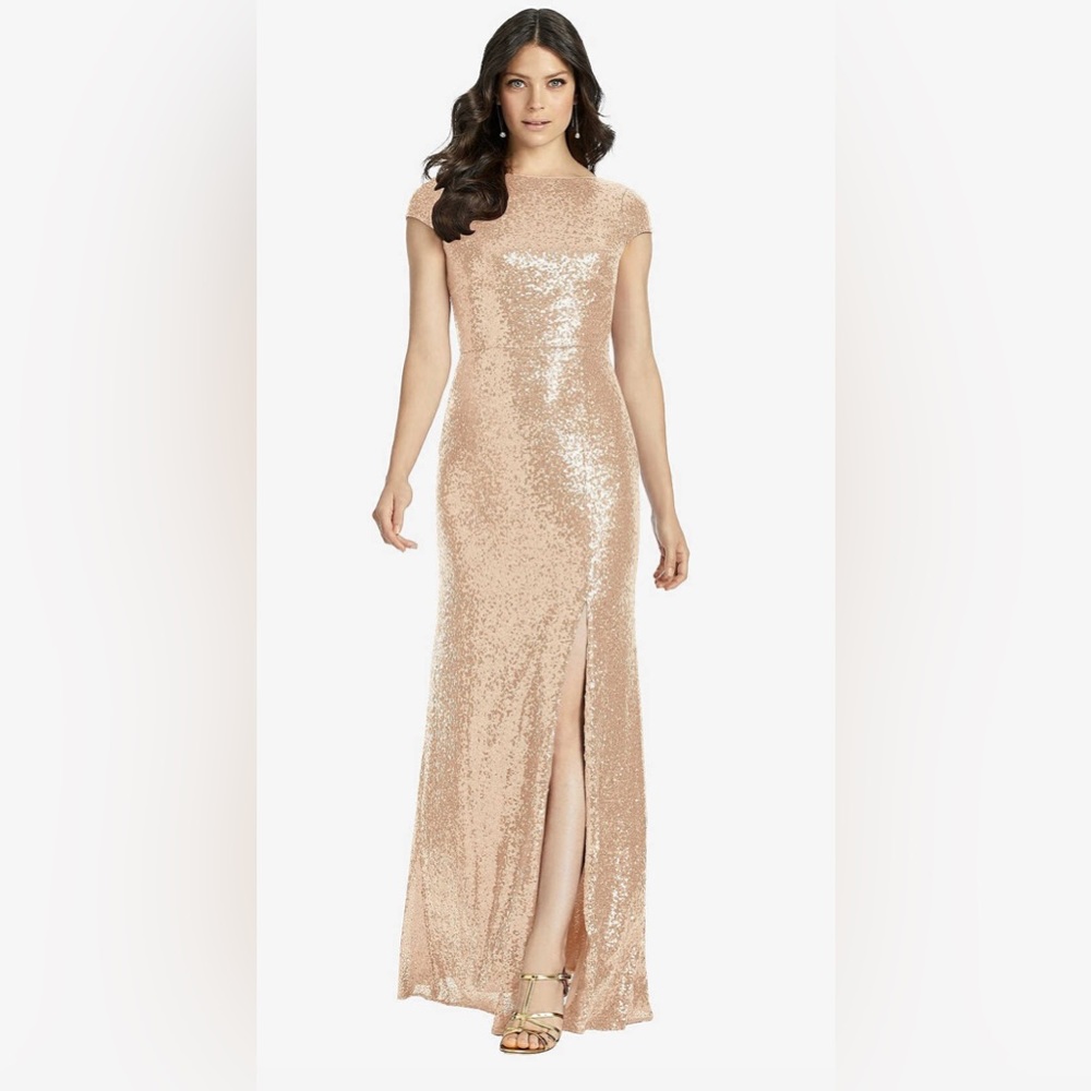 NWT DESSY COLLECTION Elle Rose Gold Sequin Maxi Dress Cowl Back Gown Size 6